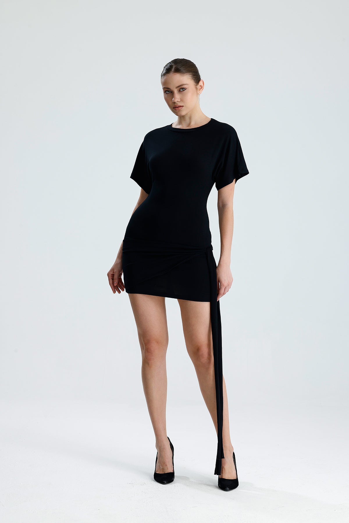 Vivienne Siyah Drapeli Mini Elbise