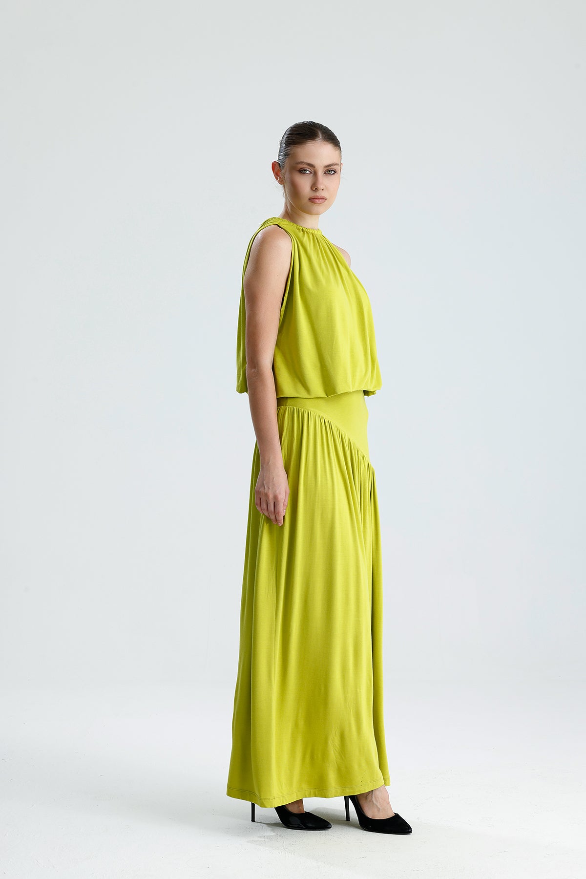 Liora Drapeli Elbise – Lime Green