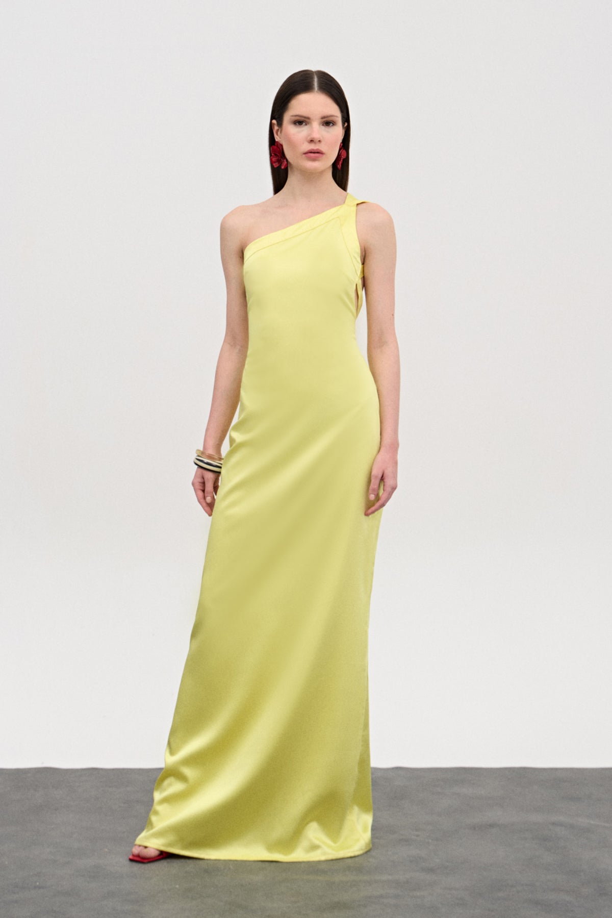 Stella Saten Sarı Uzun Elbise