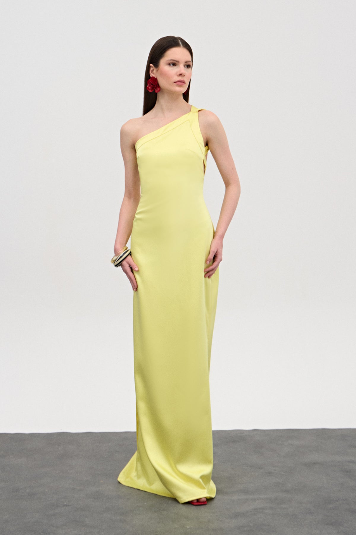 Stella Saten Sarı Uzun Elbise