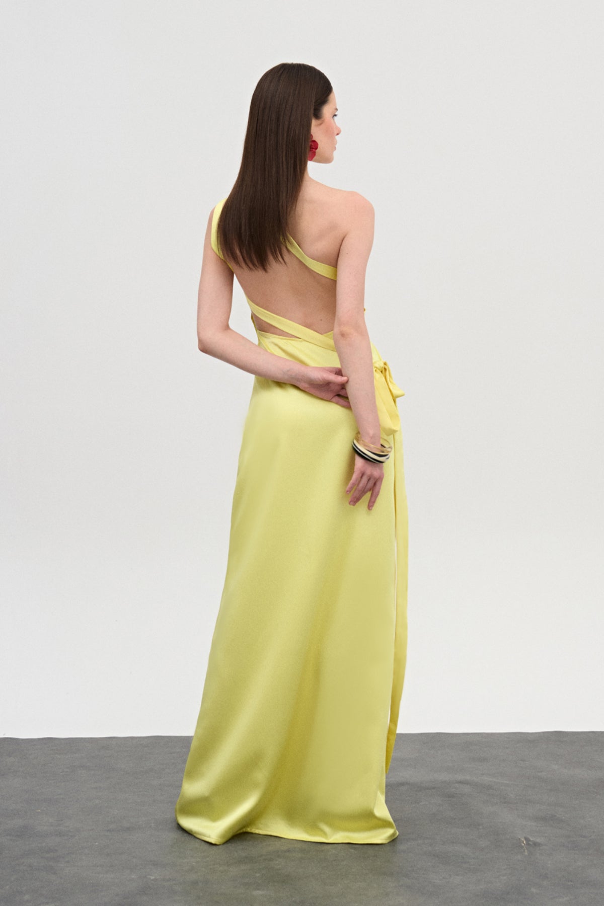 Stella Saten Sarı Uzun Elbise