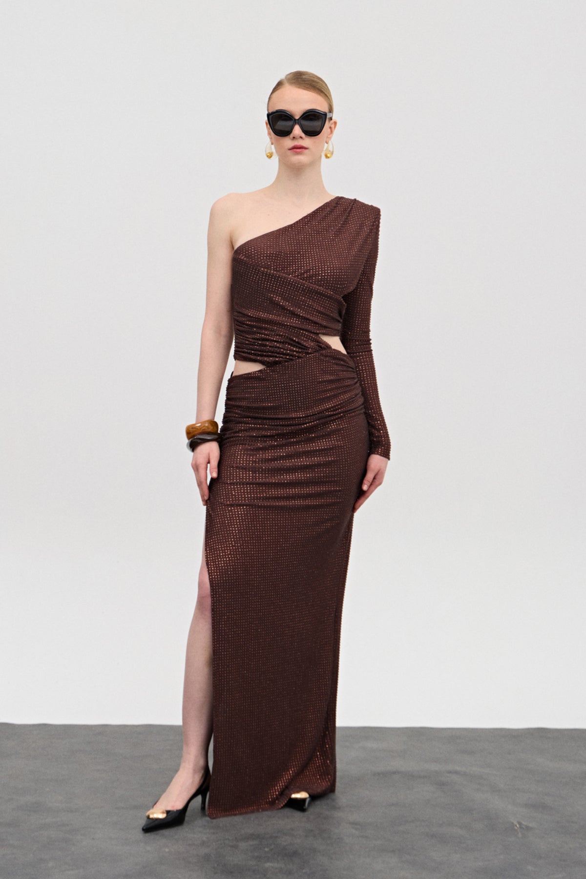 Camila Kahverengi Kristal Uzun Elbise