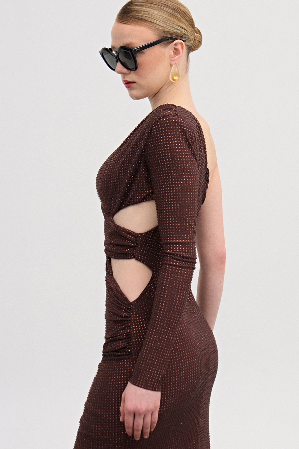 Camila Kahverengi Kristal Uzun Elbise