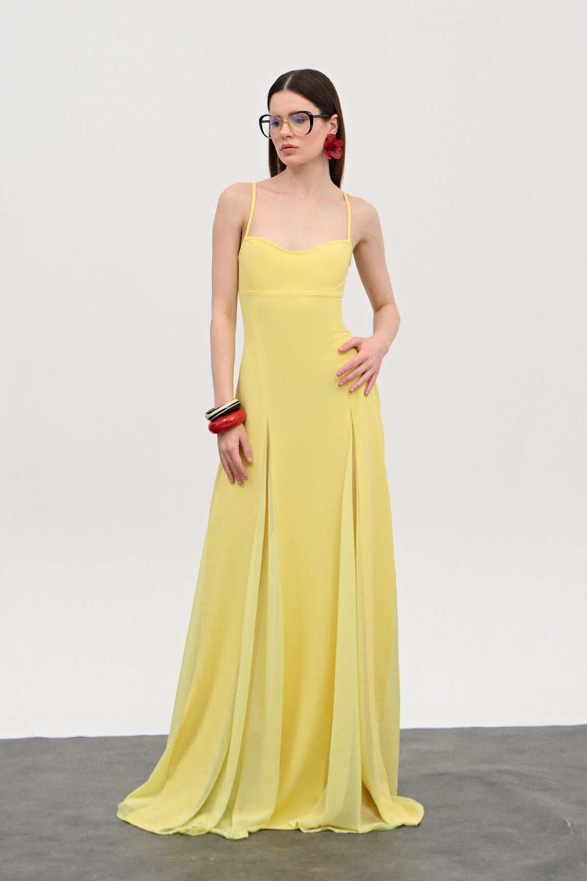 Soleil Sarı Şifon Uzun Elbise