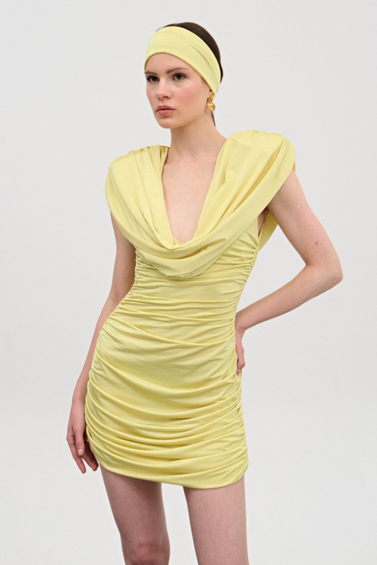 Selia Sarı Drape Mini Elbise