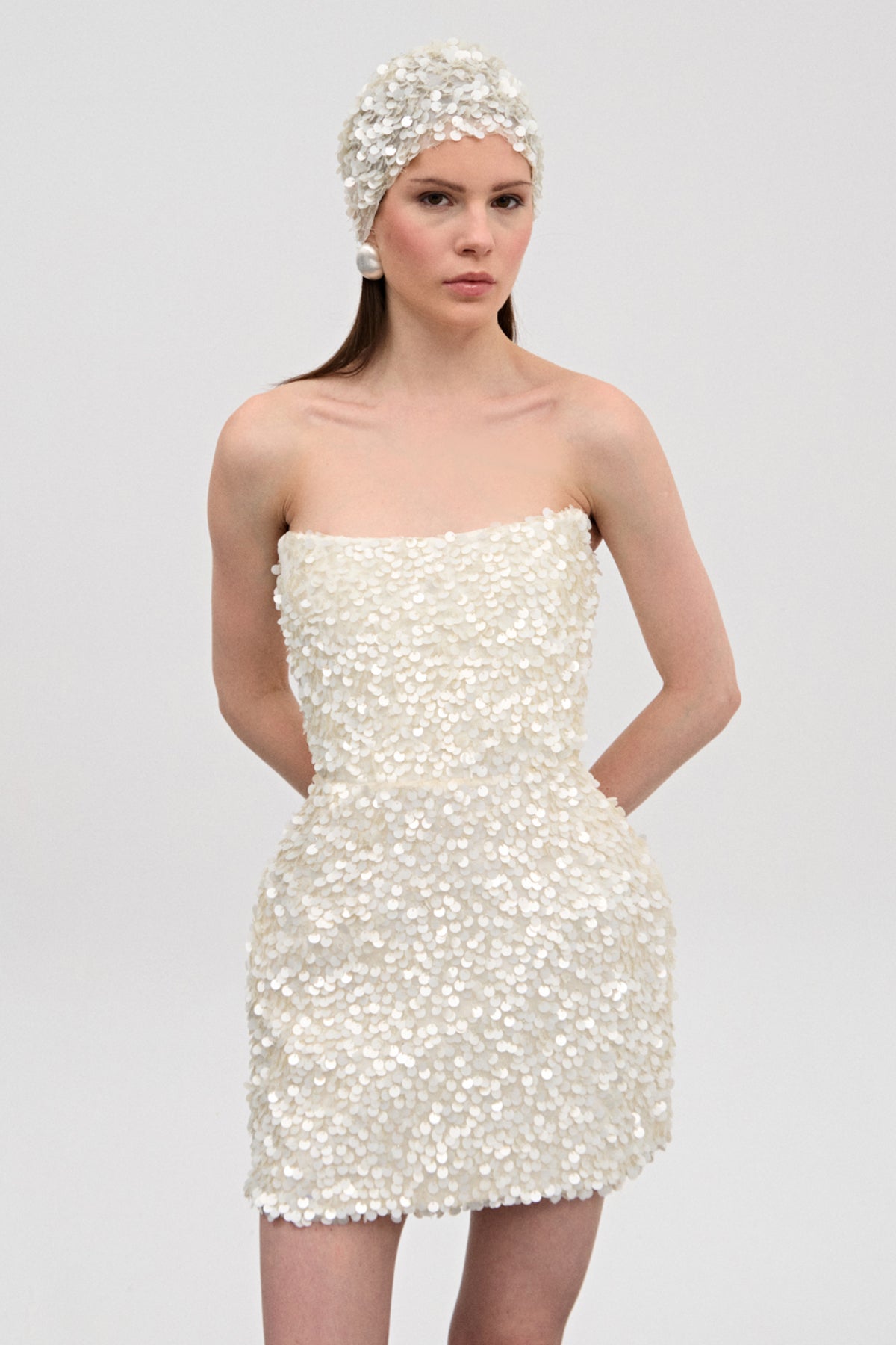 Marli Beyaz Pul İpek Mini Elbise