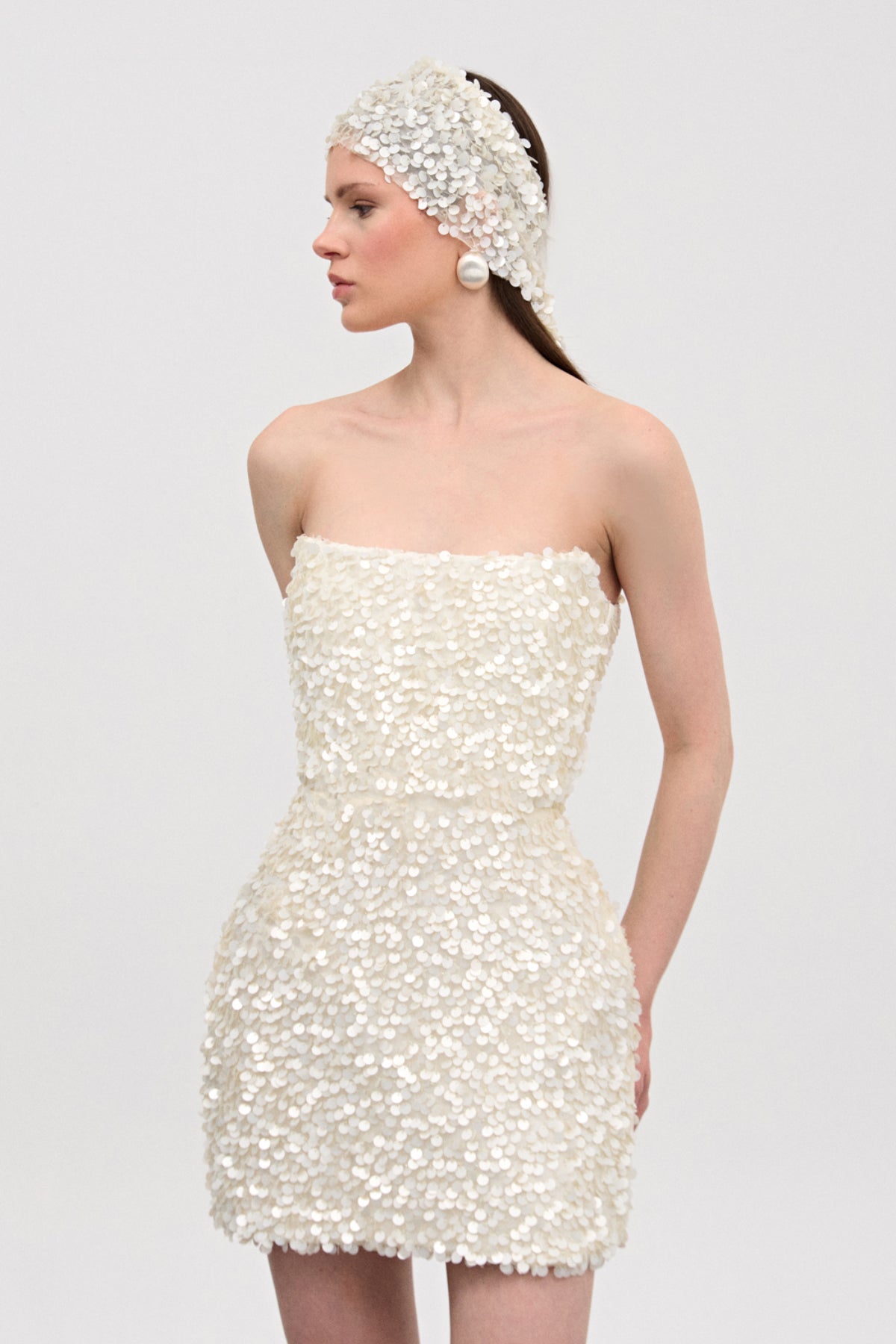 Marli Beyaz Pul İpek Mini Elbise