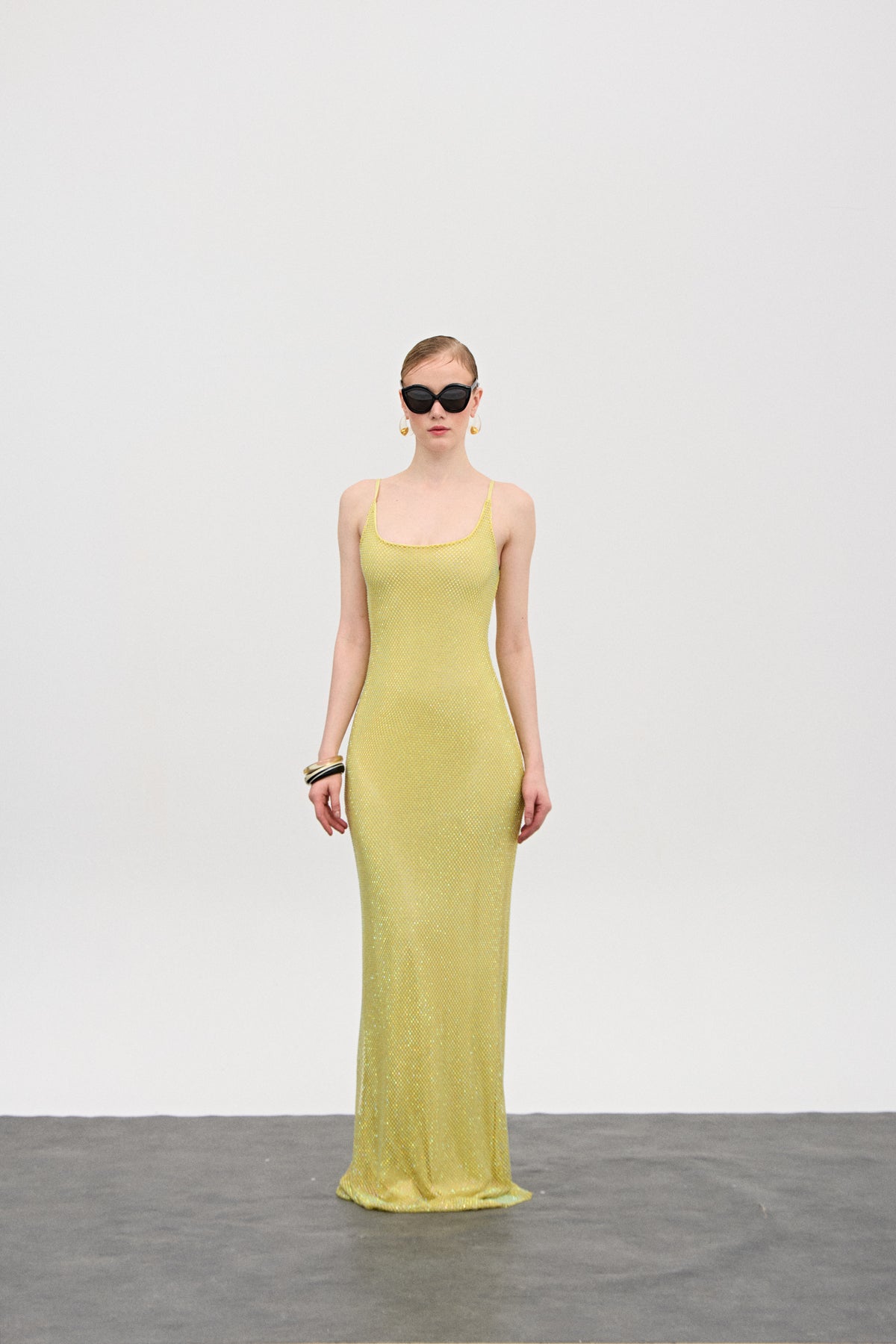 Mae Sarı Kristal Uzun Elbise