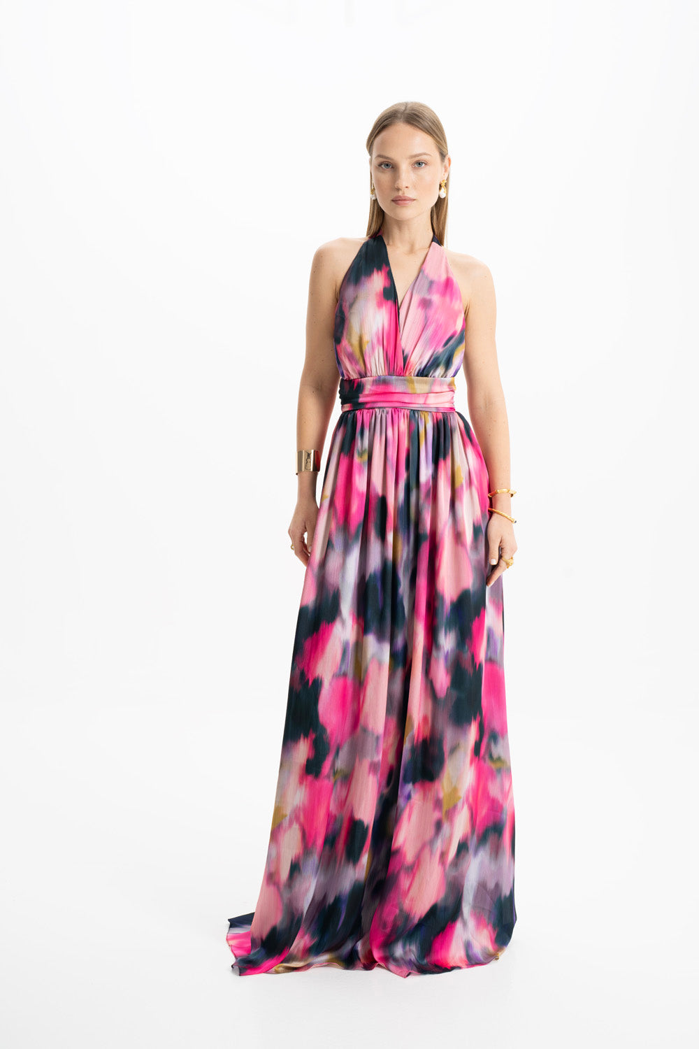 Diana Multi Pembe Büzgü Detaylı Maxi Elbise