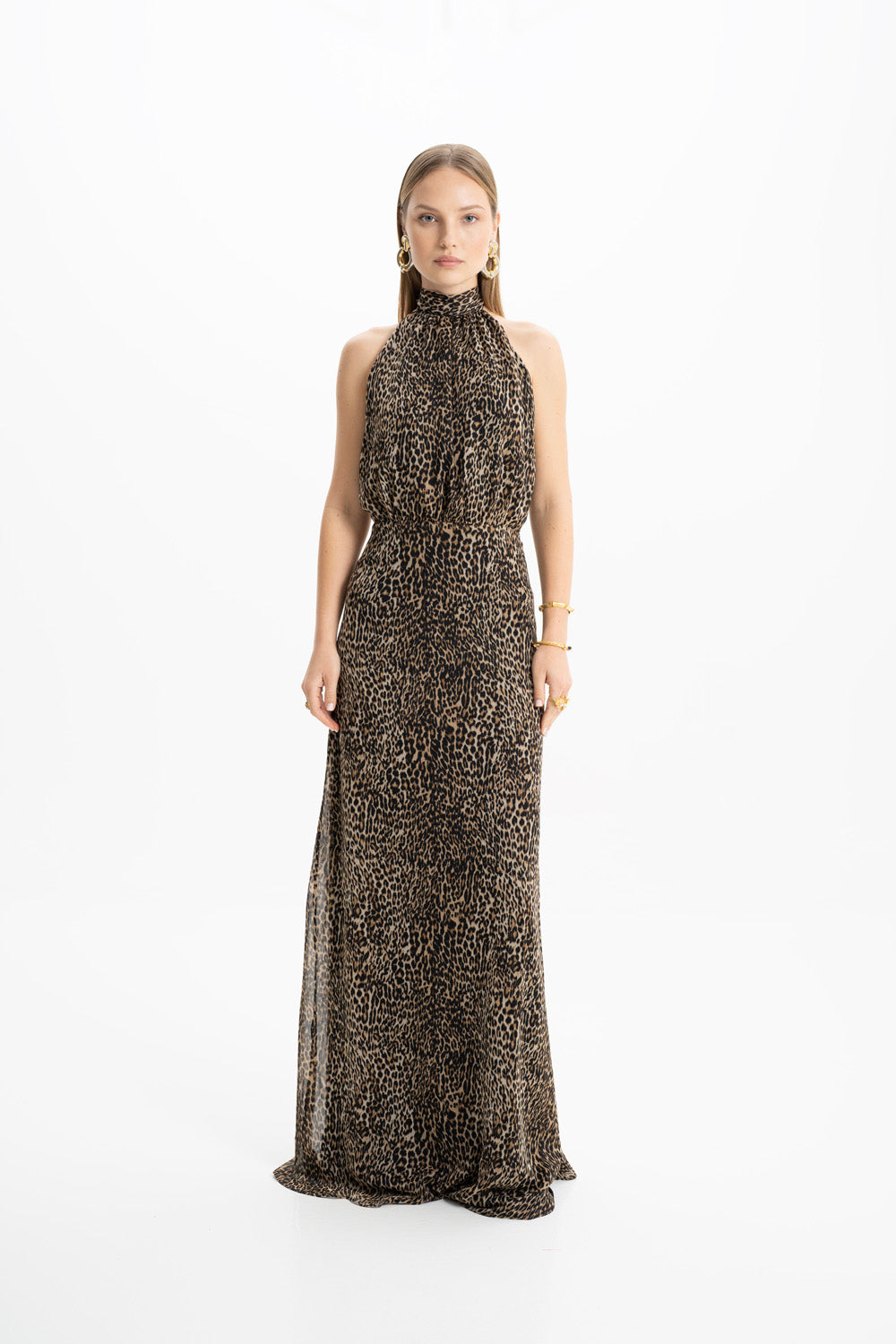Lea Leopar Halter Maxi Elbise
