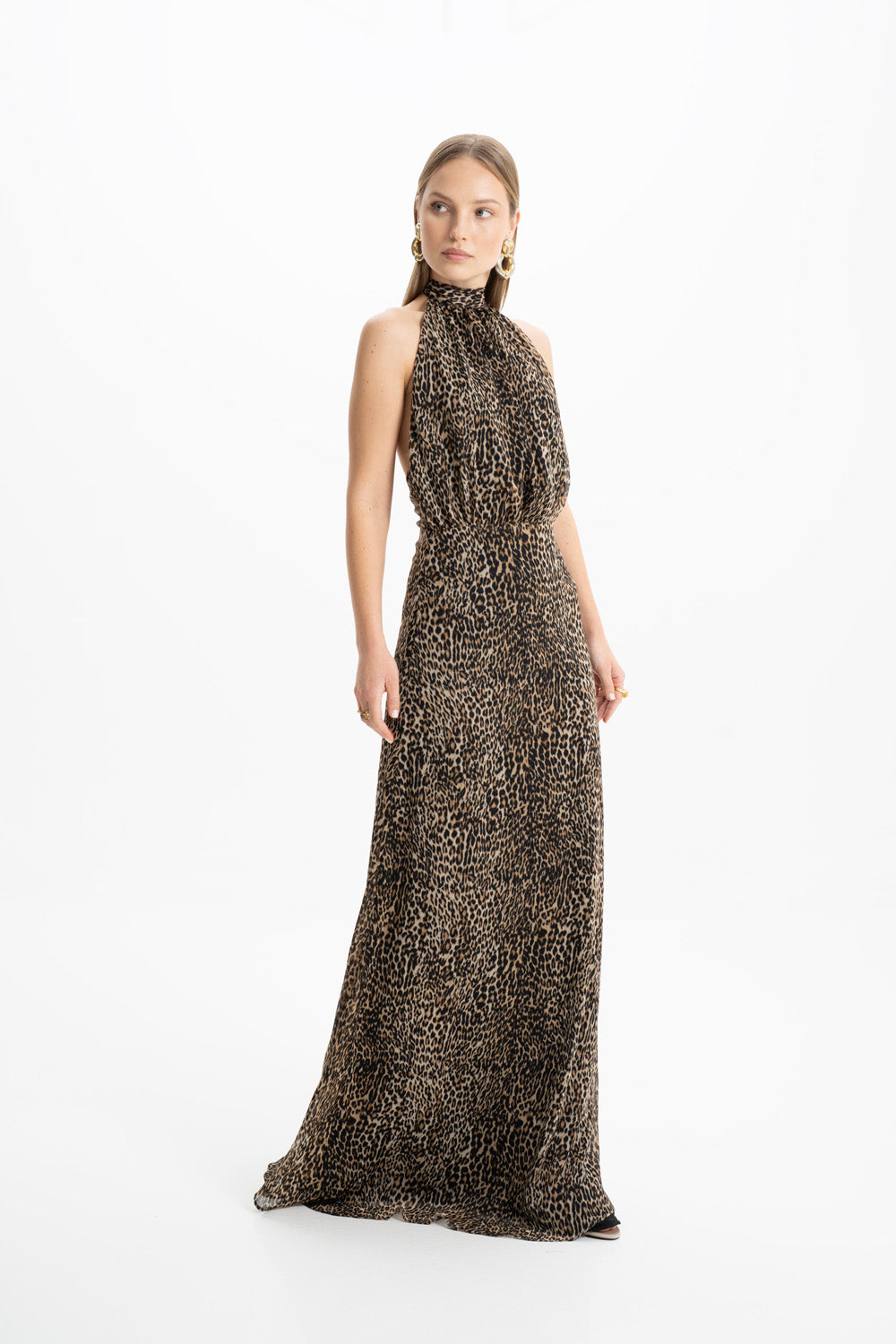 Lea Leopar Halter Maxi Elbise