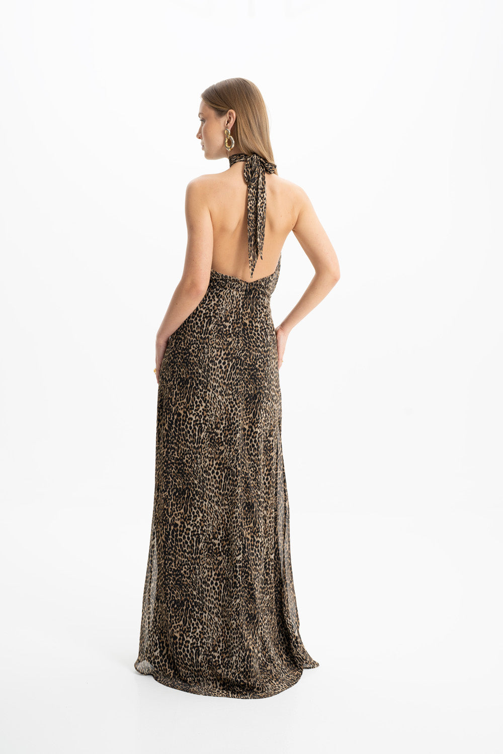 Lea Leopar Halter Maxi Elbise
