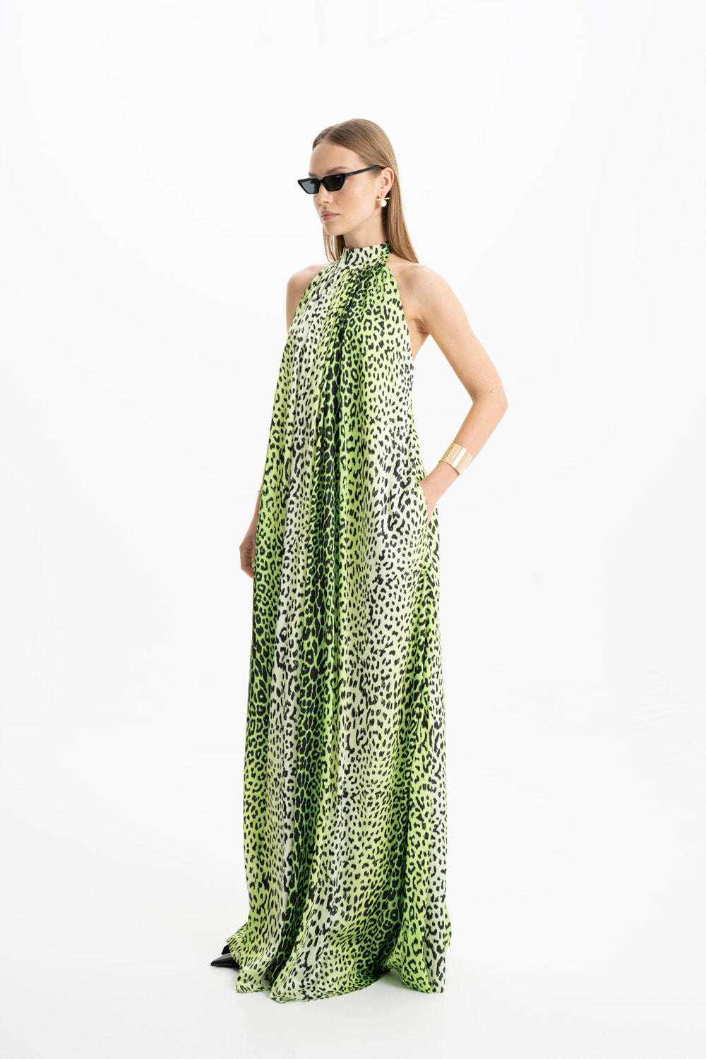 Pam Yeşil Leopar Halter Maxi Elbise