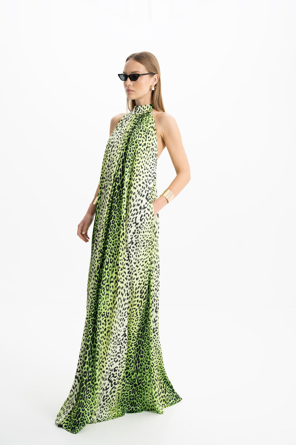 Pam Yeşil Leopar Halter Maxi Elbise