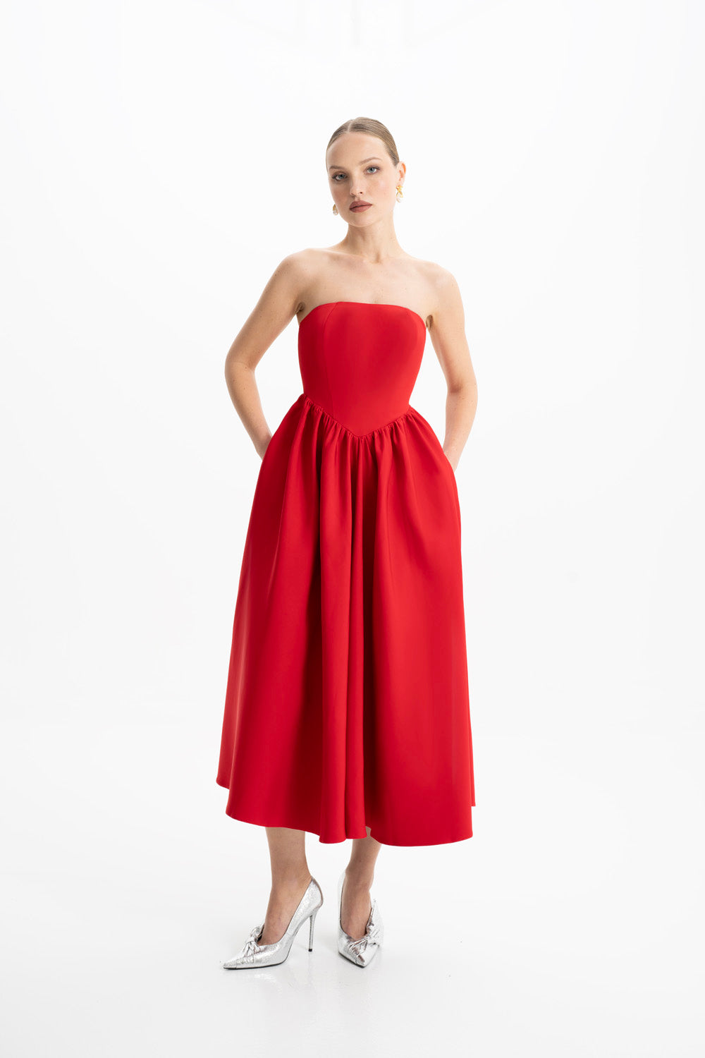 Eva Kırmızı Straplez Korse Midi Elbise
