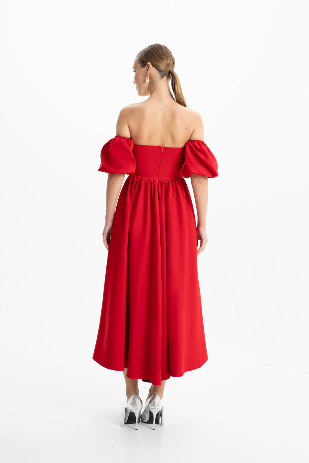 Eva Kırmızı Straplez Korse Midi Elbise