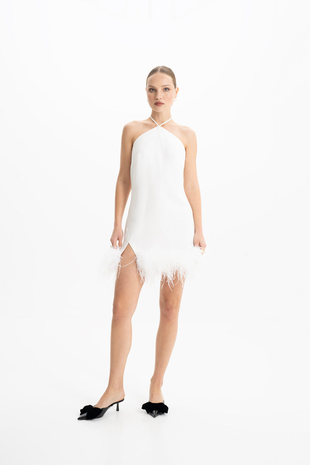 Keira White Halter Mini Feather Dress