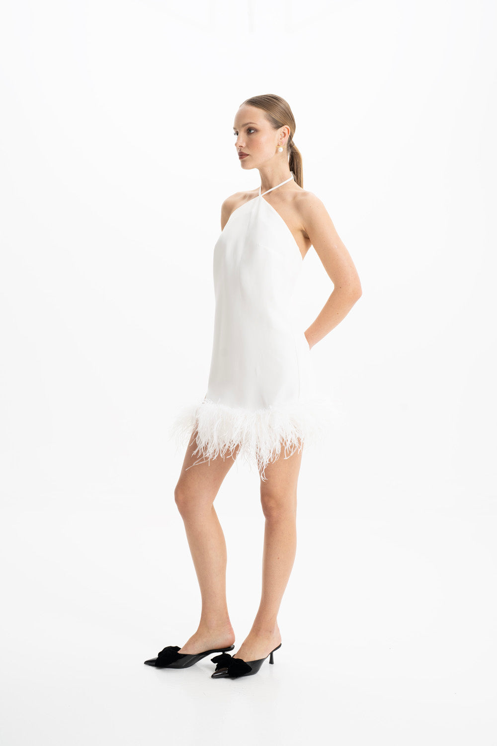 Keira White Halter Mini Feather Dress