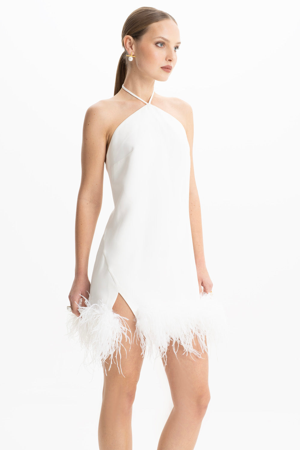 Keira White Halter Mini Feather Dress