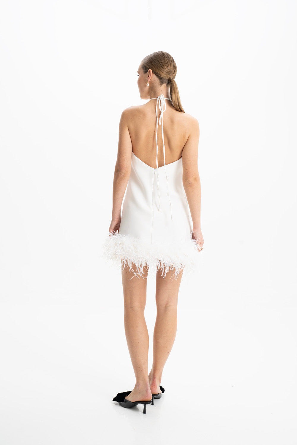 Keira White Halter Mini Feather Dress