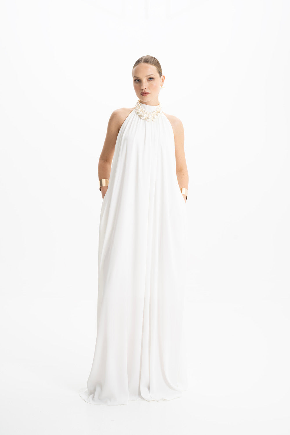 Pam Satin White Halter Maxi Dress