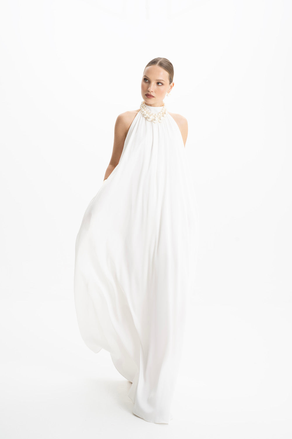 Pam Satin White Halter Maxi Dress