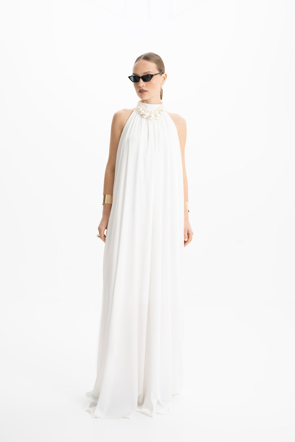 Pam Satin White Halter Maxi Dress