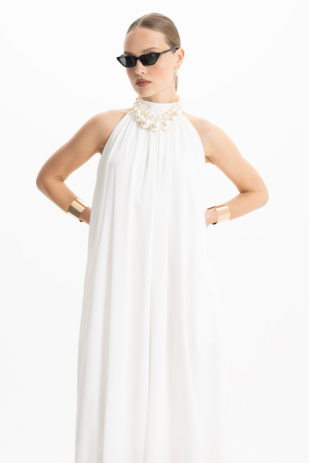 Pam Satin White Halter Maxi Dress