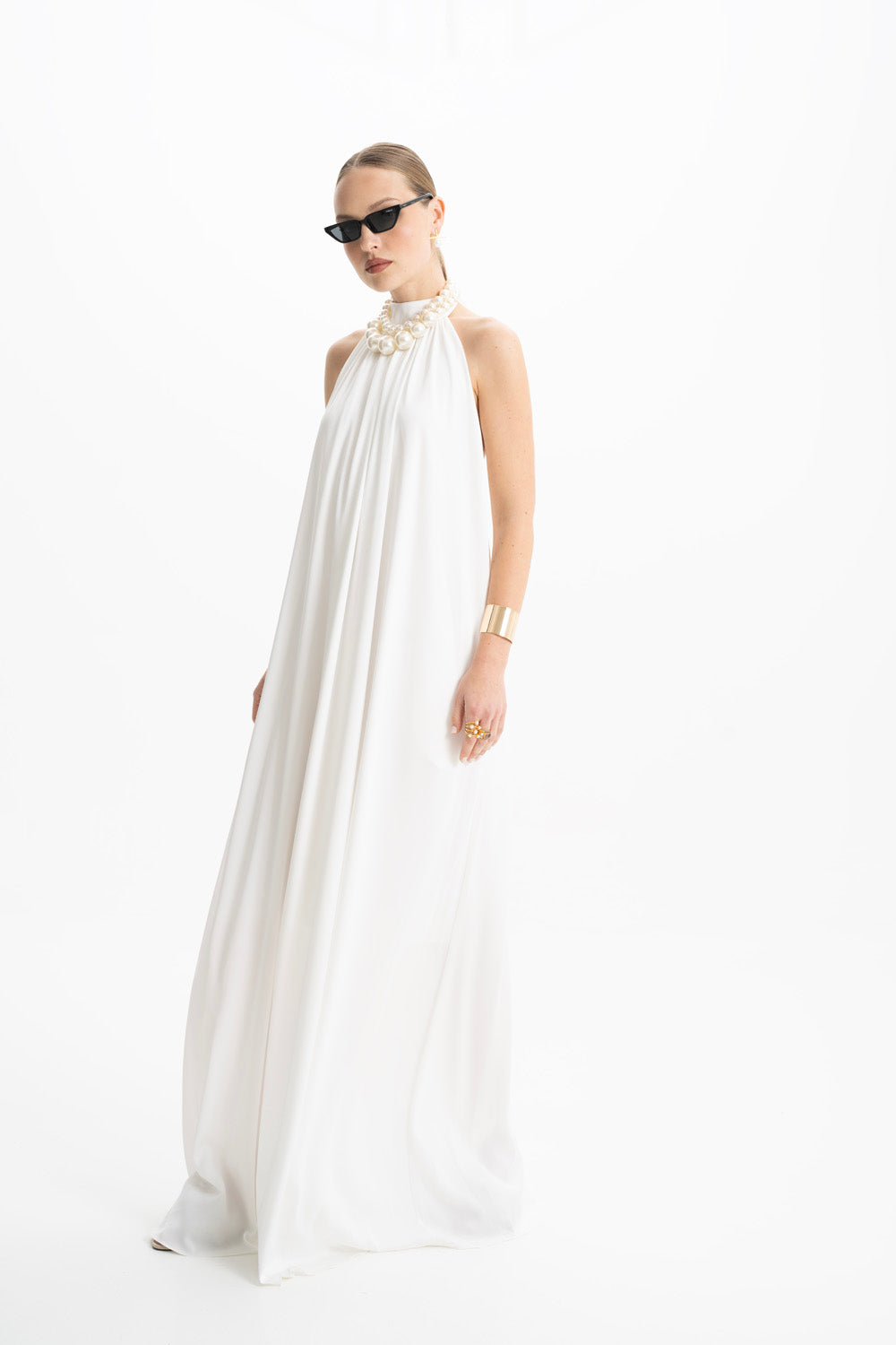 Pam Satin White Halter Maxi Dress