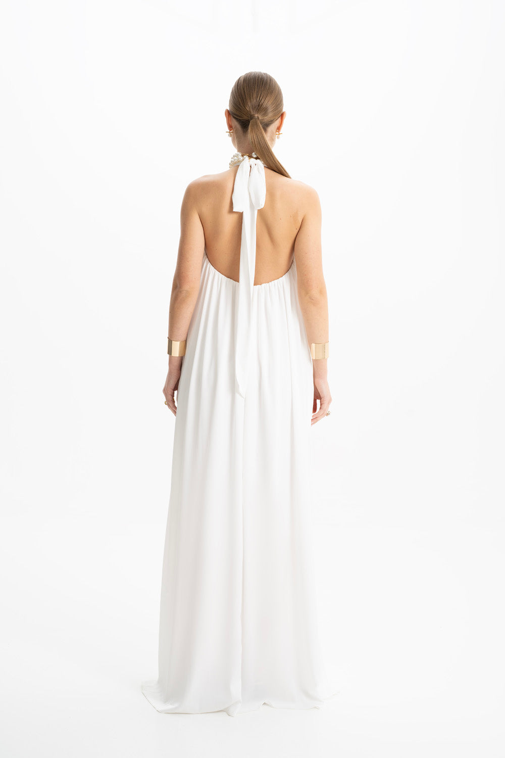 Pam Satin White Halter Maxi Dress