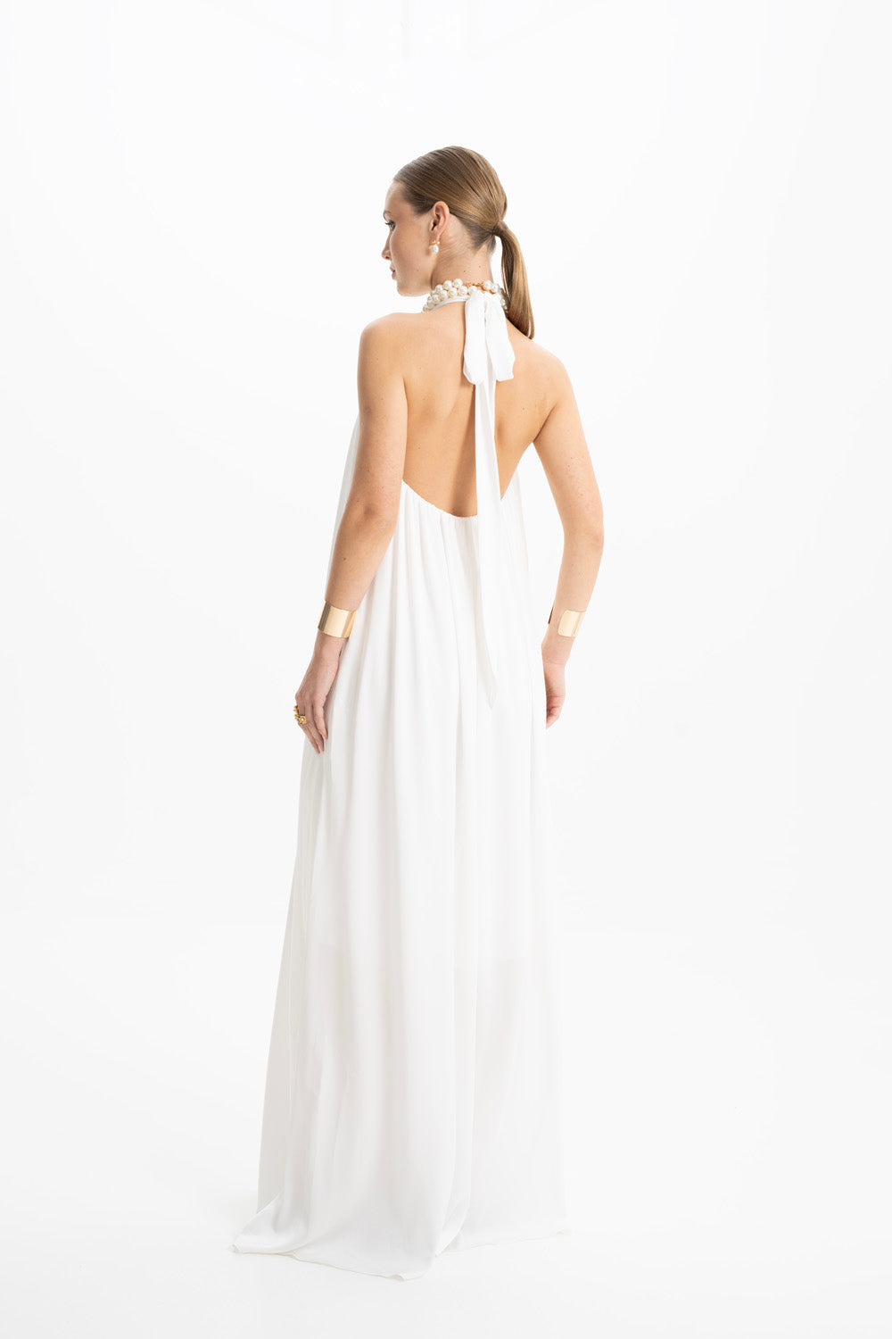 Pam Satin White Halter Maxi Dress