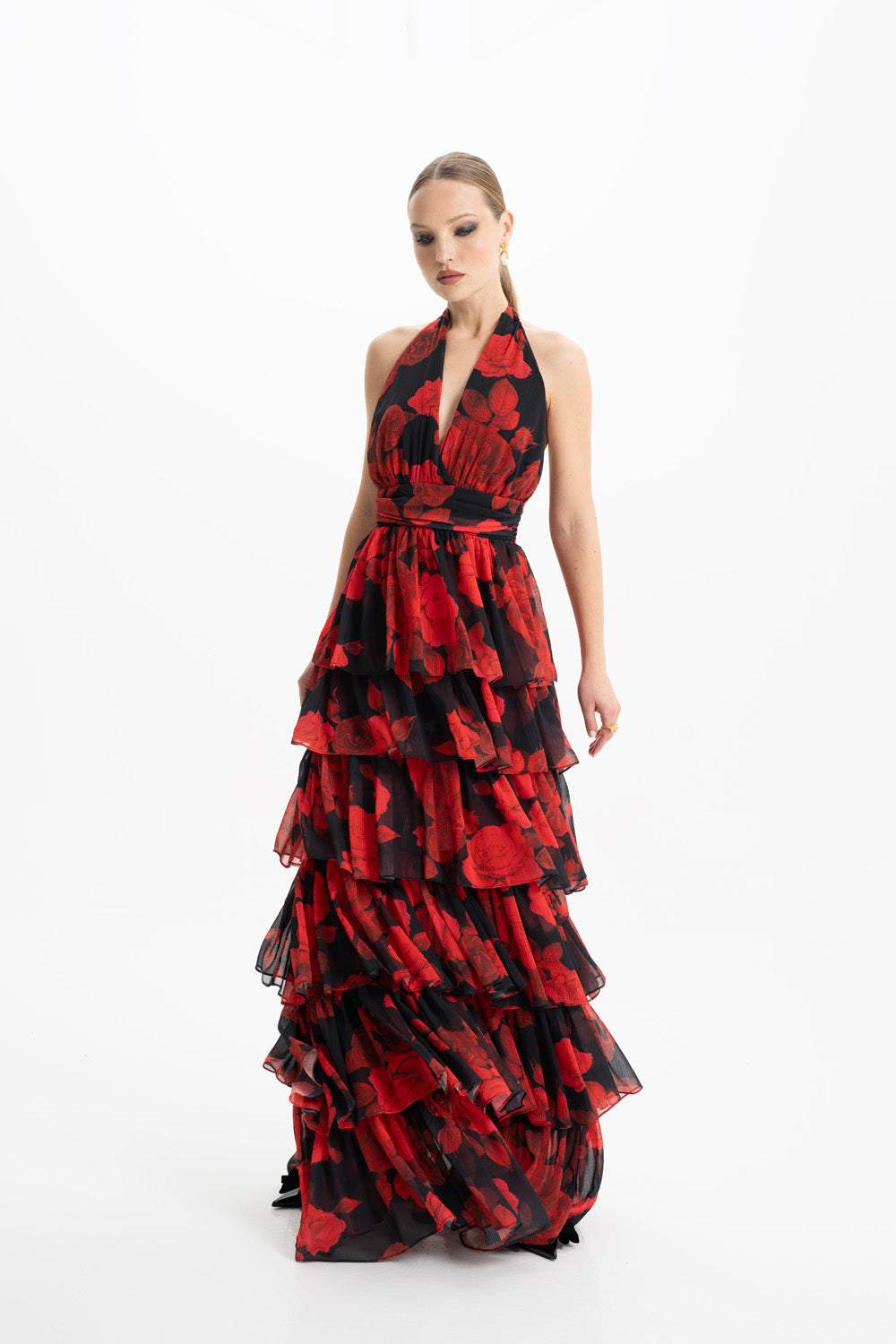Lola Red Floral Ruffled Maxi Dress