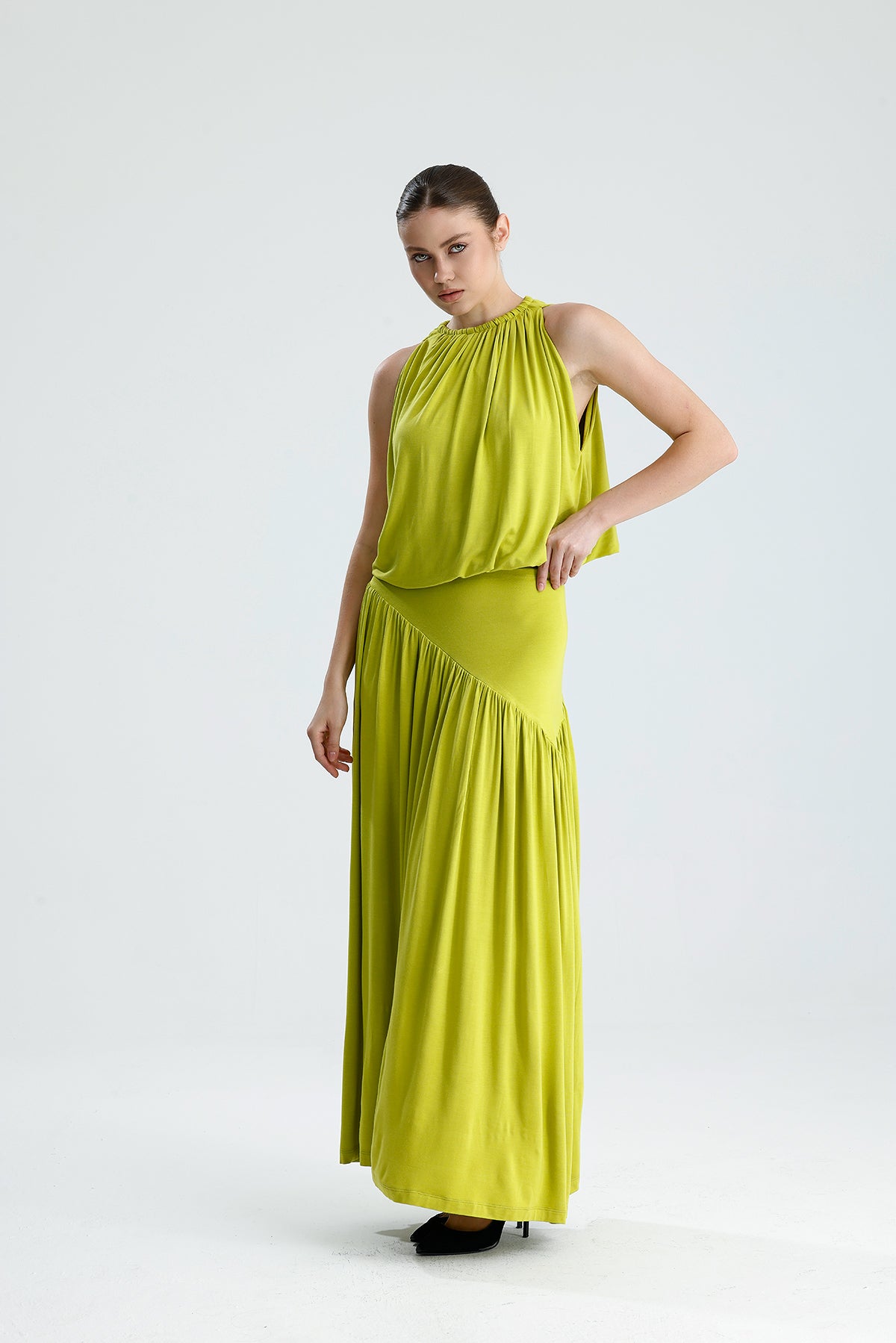 Liora Drapeli Elbise – Lime Green