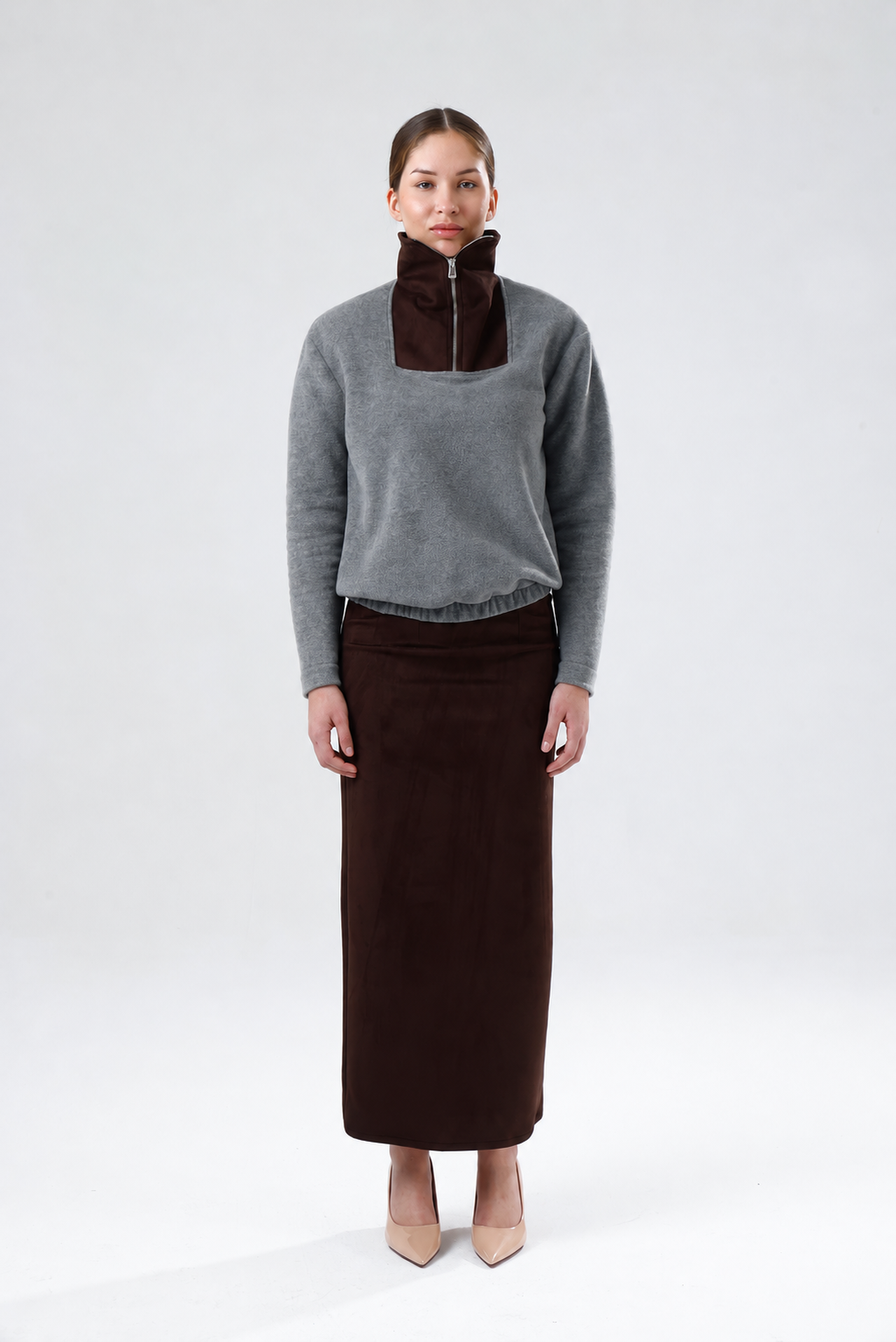 Mila Gri Süet Yaka Sweatshirt
