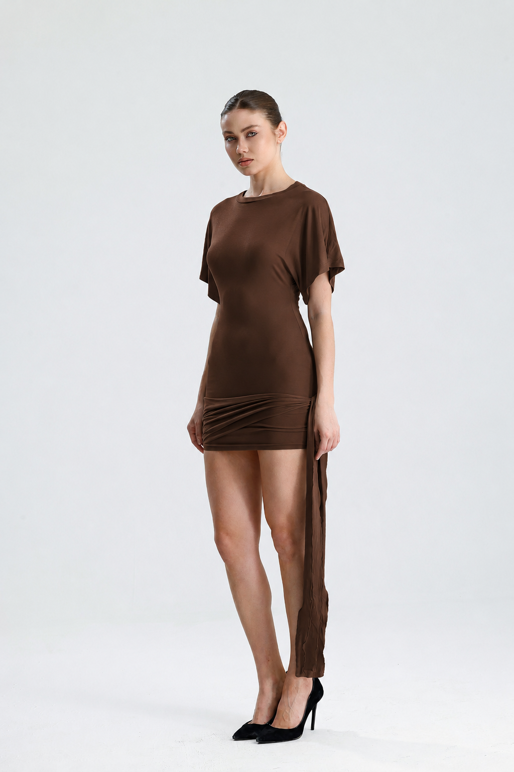 Vivienne Kahverengi Drapeli Mini Elbise