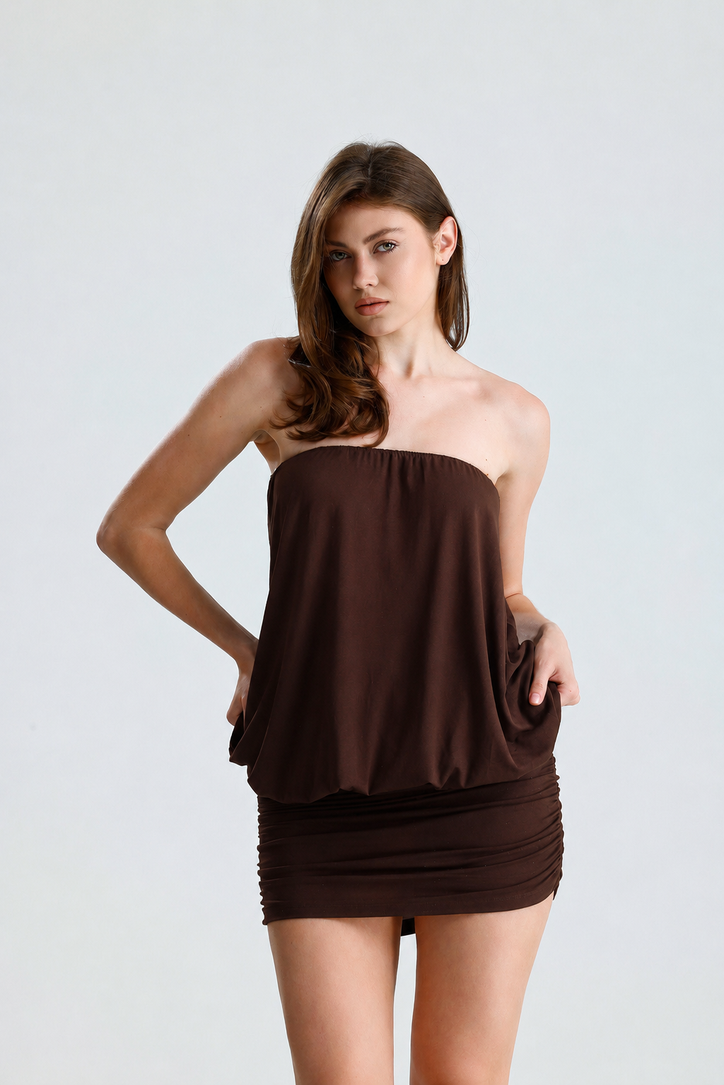 Valerie Kahverengi Straplez Mini Elbise