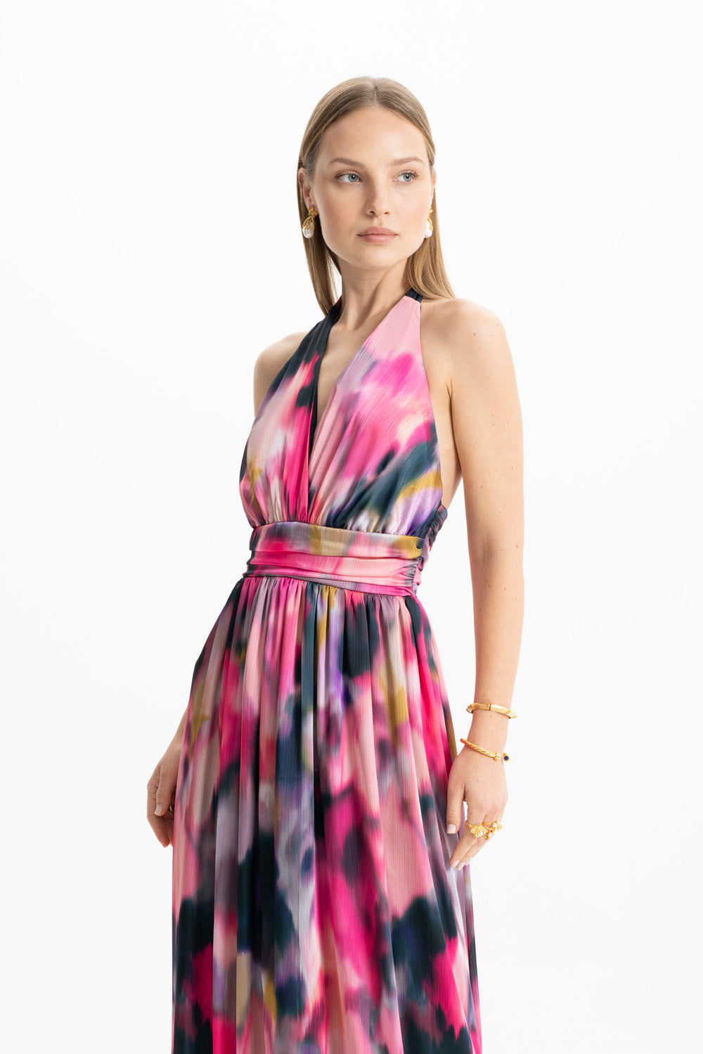 Diana Multi Pembe Büzgü Detaylı Maxi Elbise