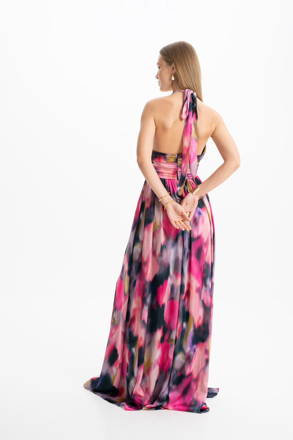 Diana Multi Pembe Büzgü Detaylı Maxi Elbise