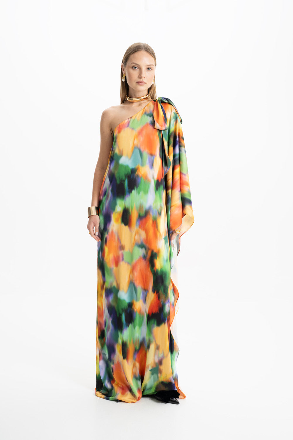 Lia Satin Multi Color One Shoulder Maxi Dress