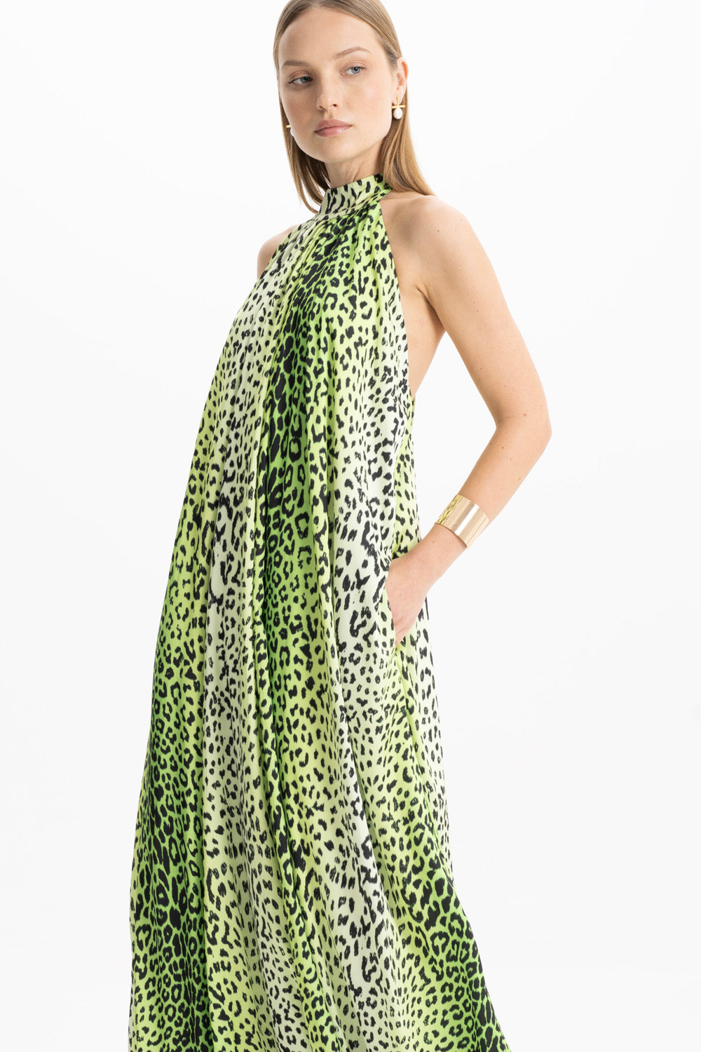 Pam Satin Green Leopard Halter Maxi Dress