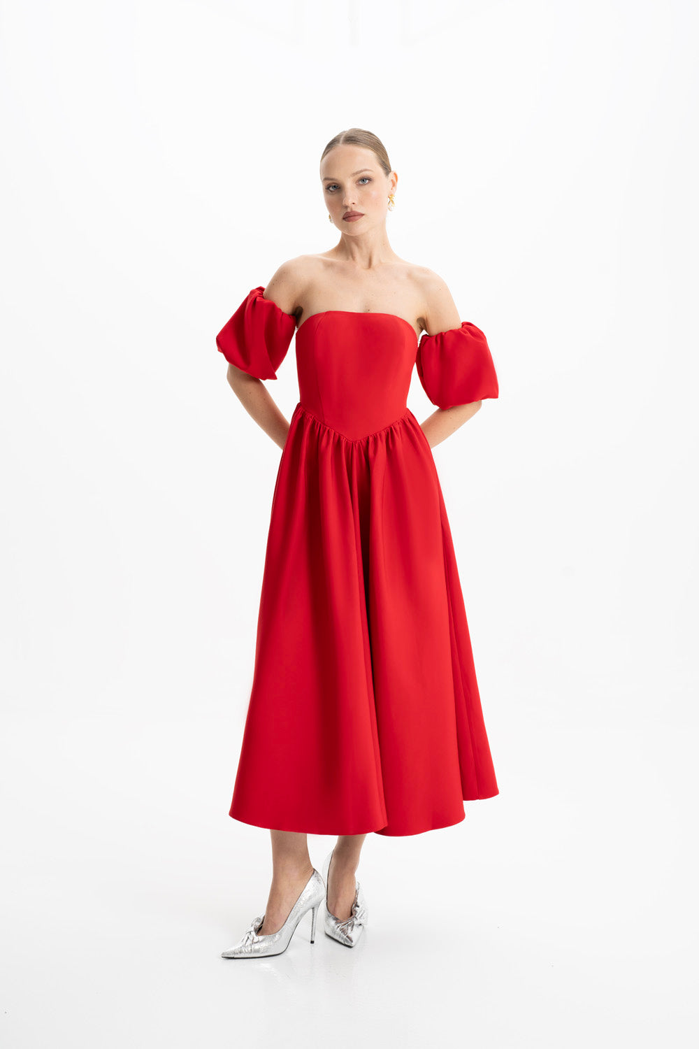 Eva Red Strapless Corset Midi Dress