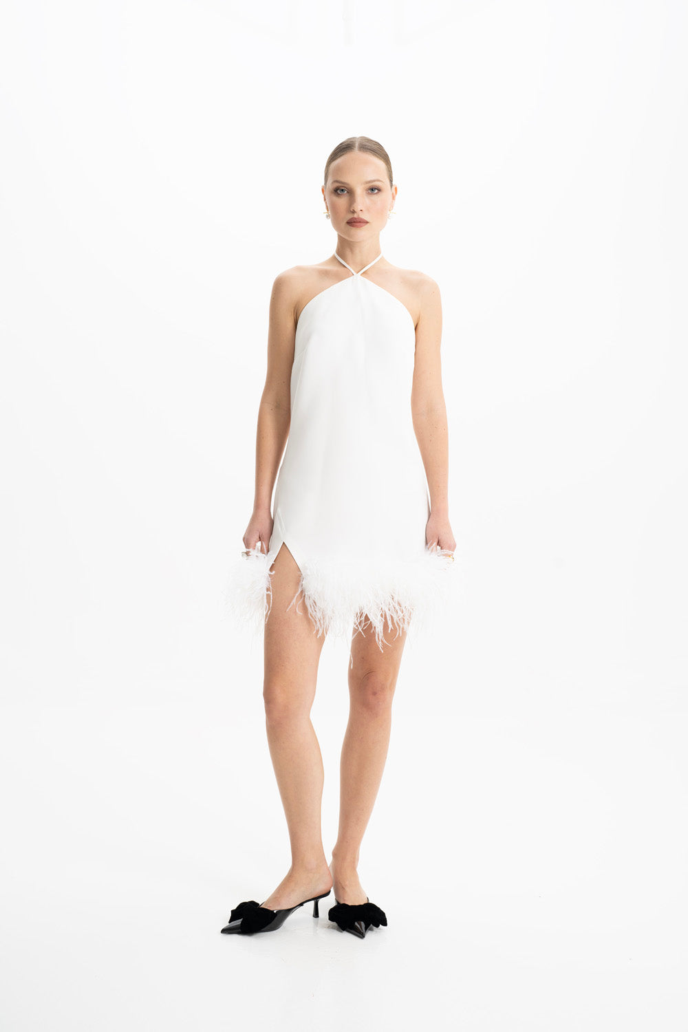 Keira White Halter Mini Feather Dress