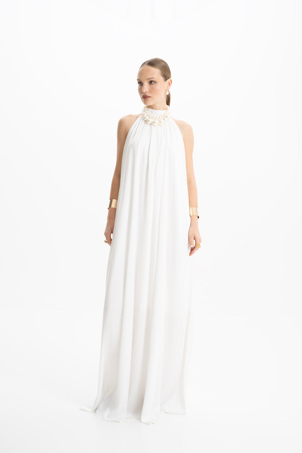 Pam Satin White Halter Maxi Dress