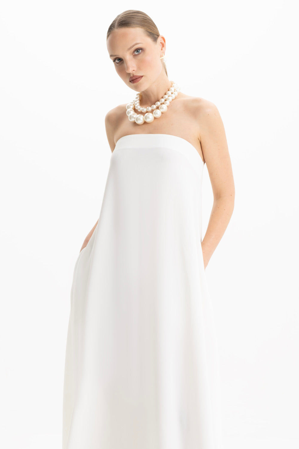 Amy Crepe White Strapless Maxi Dress