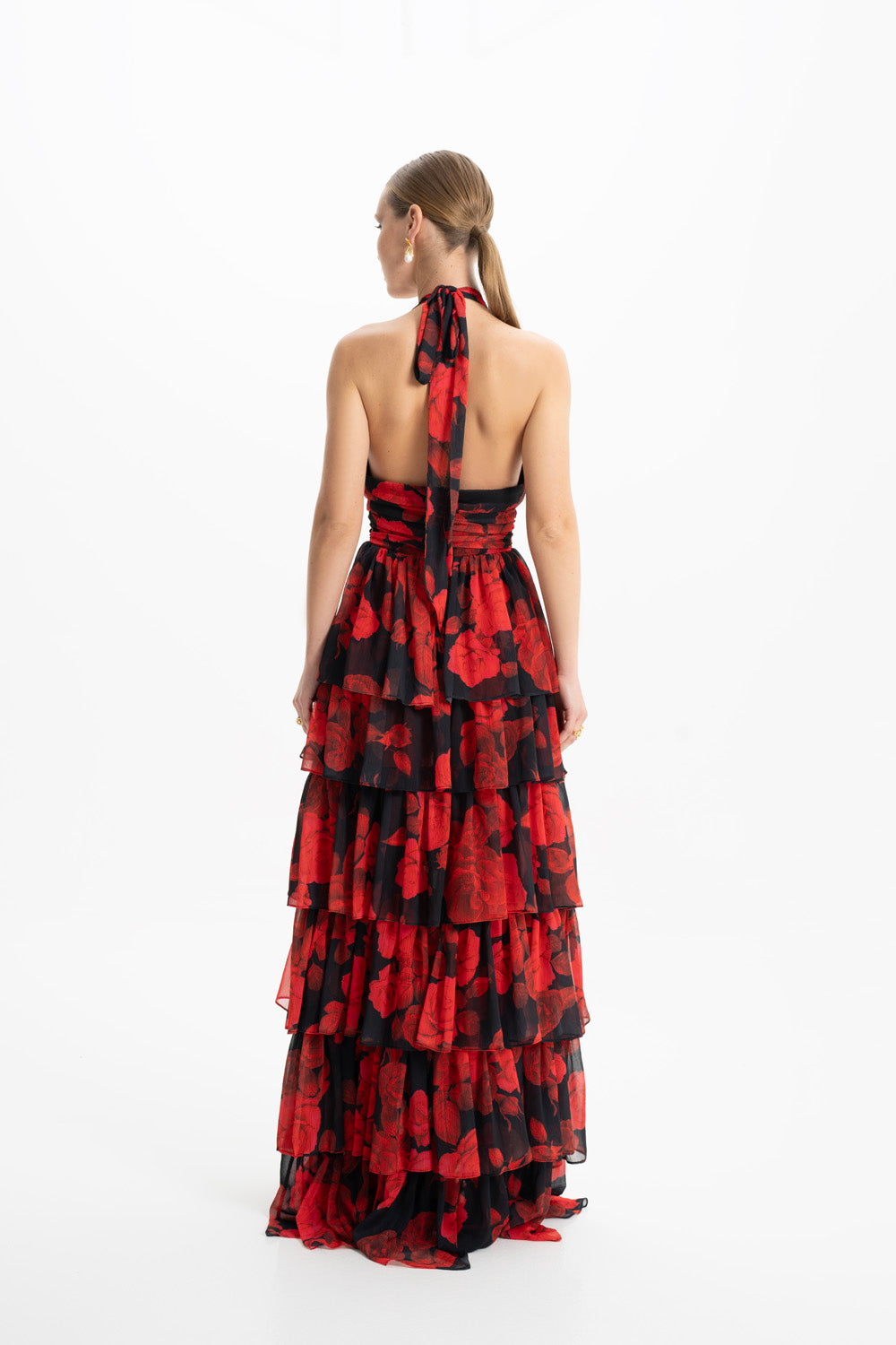 Lola Kırmızı Çiçekli Volanlı Maxi Elbise