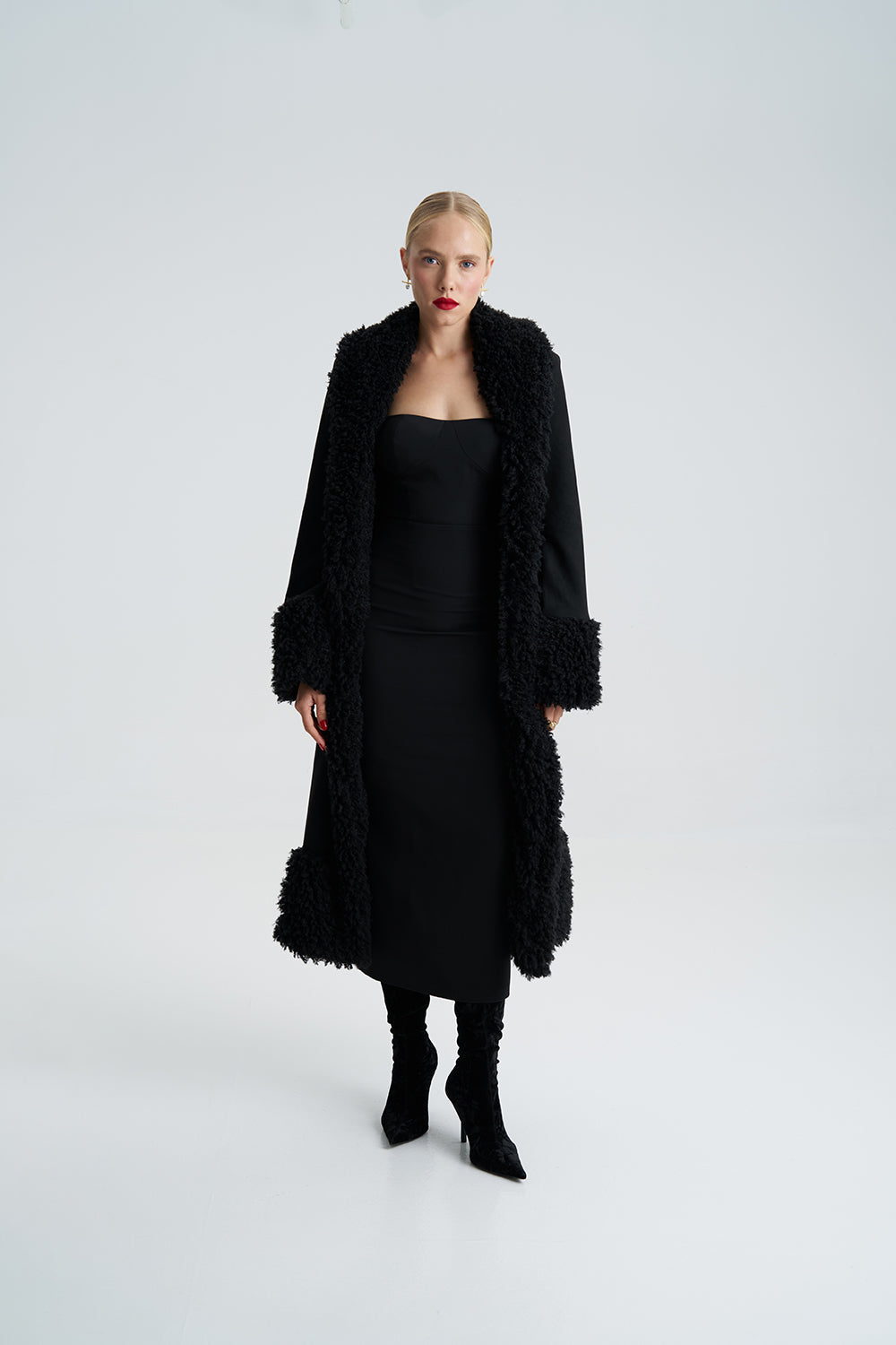 Lora Black Faux Fur Suede Long Coat