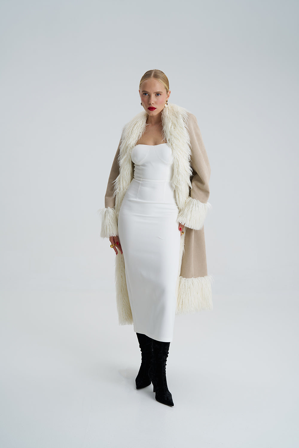 Lora Beige Faux Fur Suede Long Coat