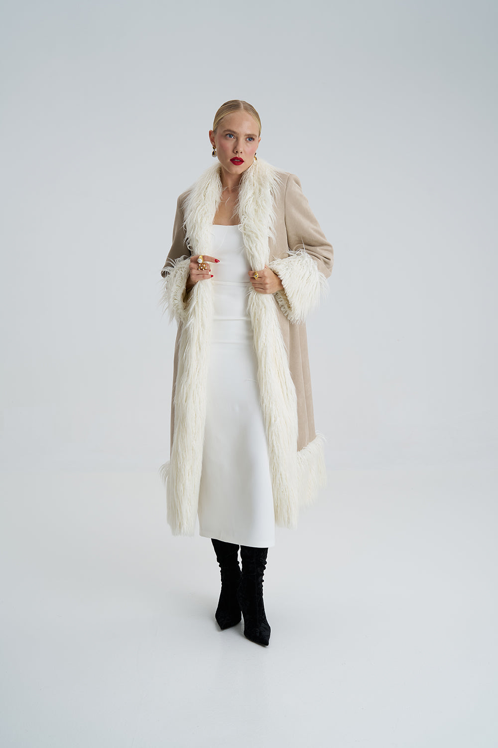 Lora Beige Faux Fur Suede Long Coat