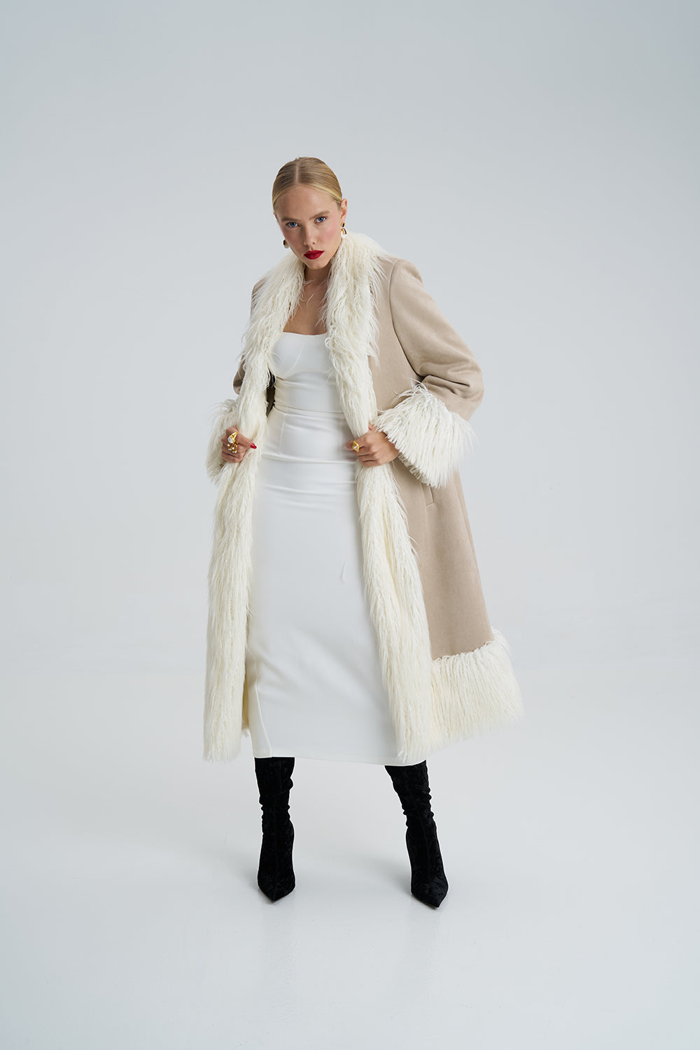 Lora Beige Faux Fur Suede Long Coat